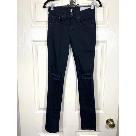 Rag & Bone Skinny Leg Jeans Dark Blue Coal Wash Womens 25 0 Busted Knee - Picture 1 of 7